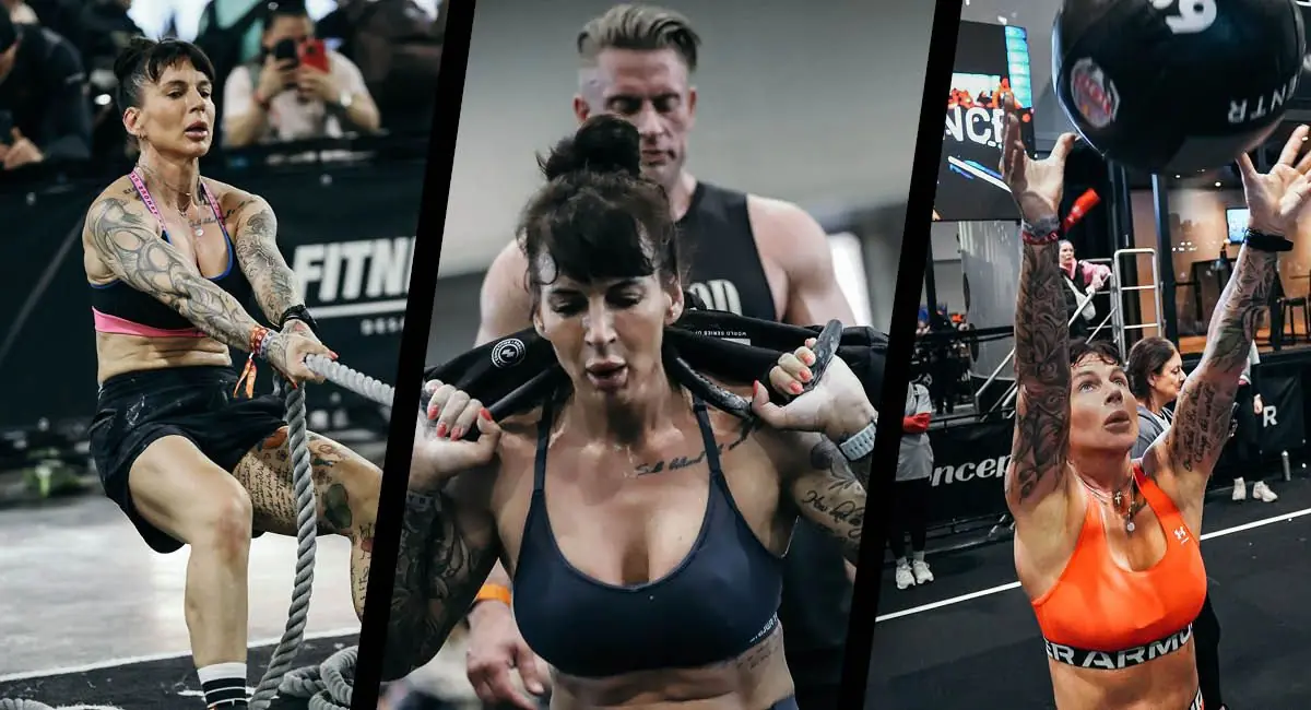 Zawodniczki na stacjach Sled Pull, Sandbag Lunges i Wall Balls
